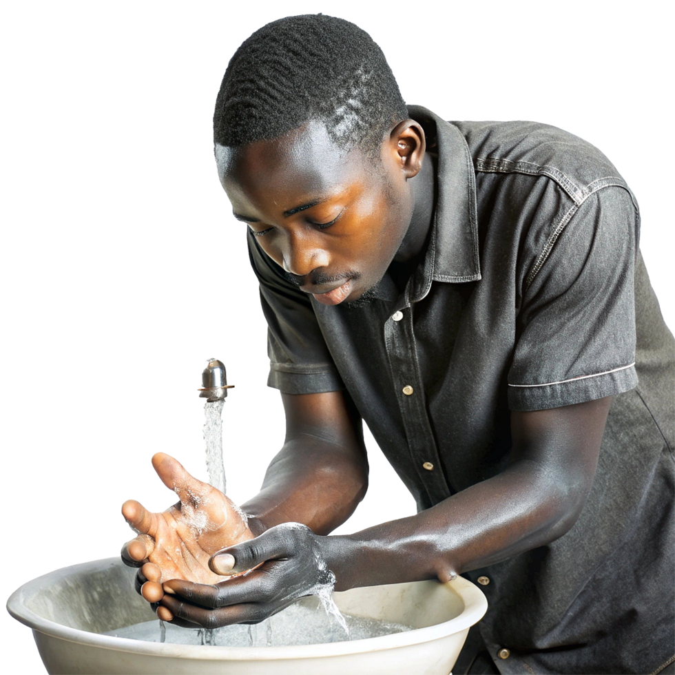 A Young African Man Carefully Washing His Hands at a Basin with Running Water png