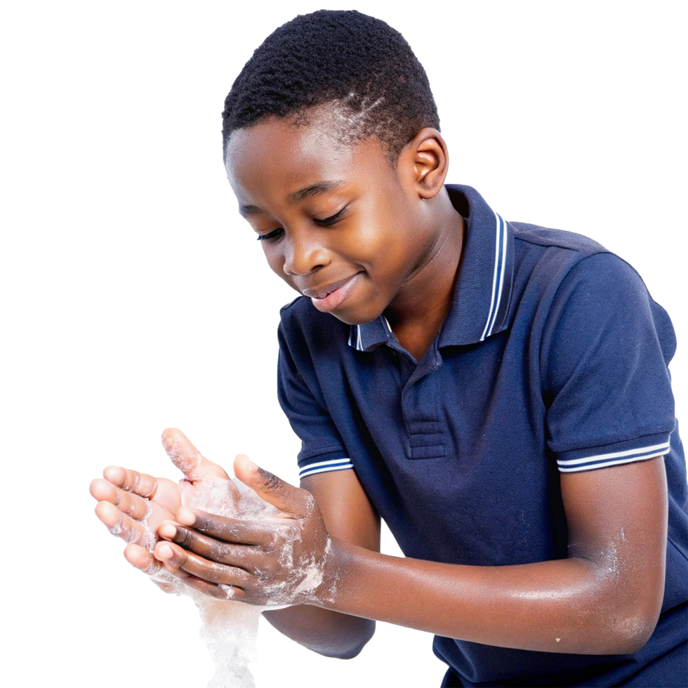 Young African Boy Demonstrating Proper Handwashing Techniques with Soap and Water png