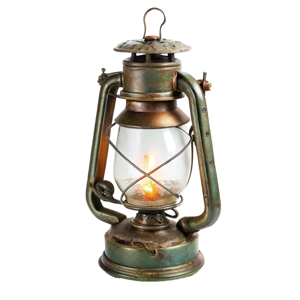 Antique Vintage Style Metal Lantern with Glass Shade and Flickering Light png