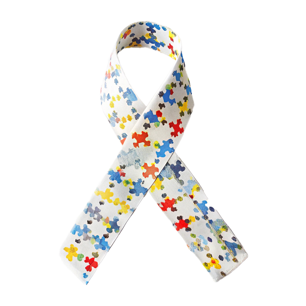 White Ribbon with Colorful Puzzle Pieces Representing Autism Awareness png