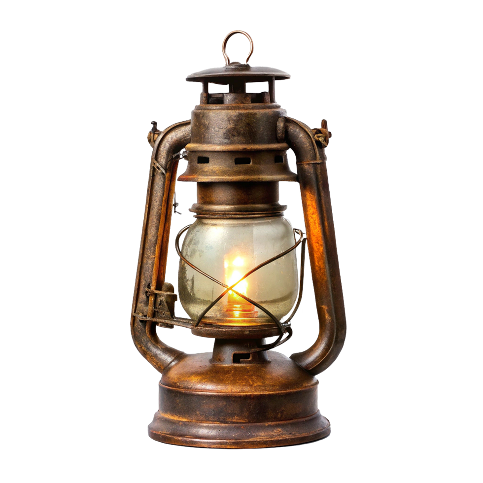 Antique Vintage Rustic Metal Kerosene Oil Lantern Lamp with Glass Globe and Glowing Flame png
