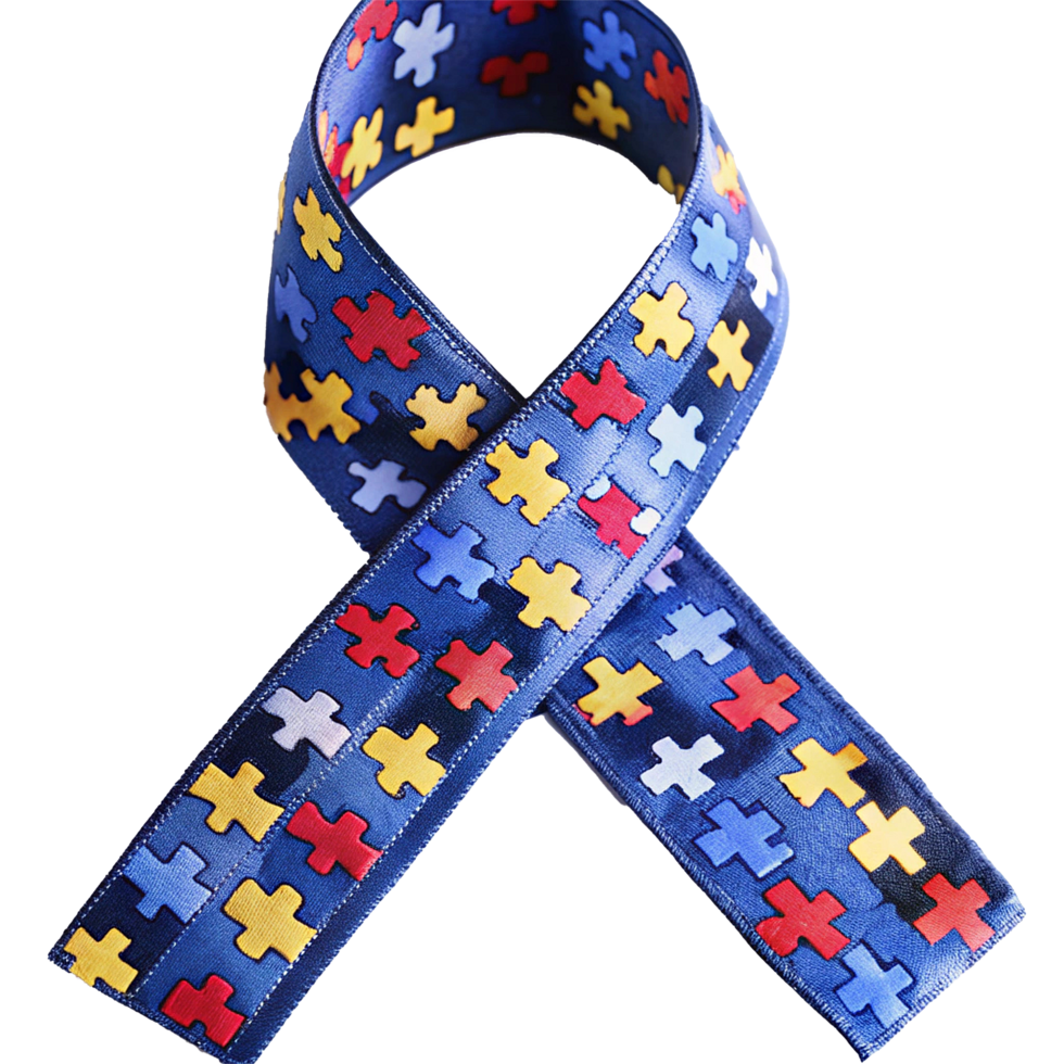 A Blue Ribbon with Multicolored Puzzle Pieces Representing Autism Awareness png