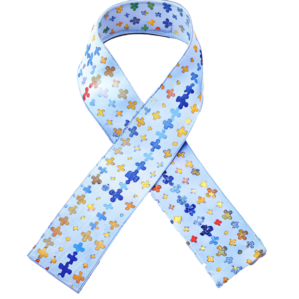 Light Blue Awareness Ribbon with Colorful Puzzle Piece Pattern for Autism Support and Understanding png
