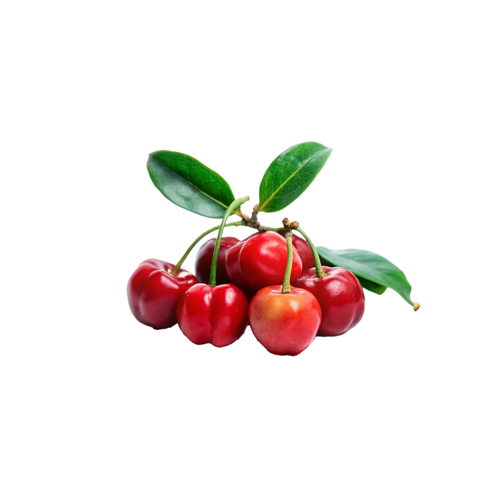 A Cluster of Ripe Red Acerola Cherries with Lush Green Leaves png