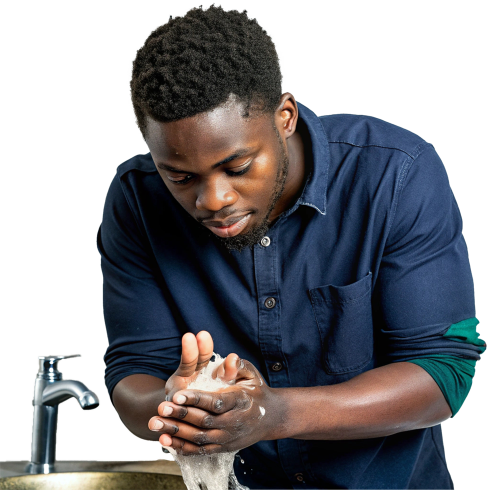 A young man meticulously washing his hands with soap and water at a sink, practicing good hygiene png