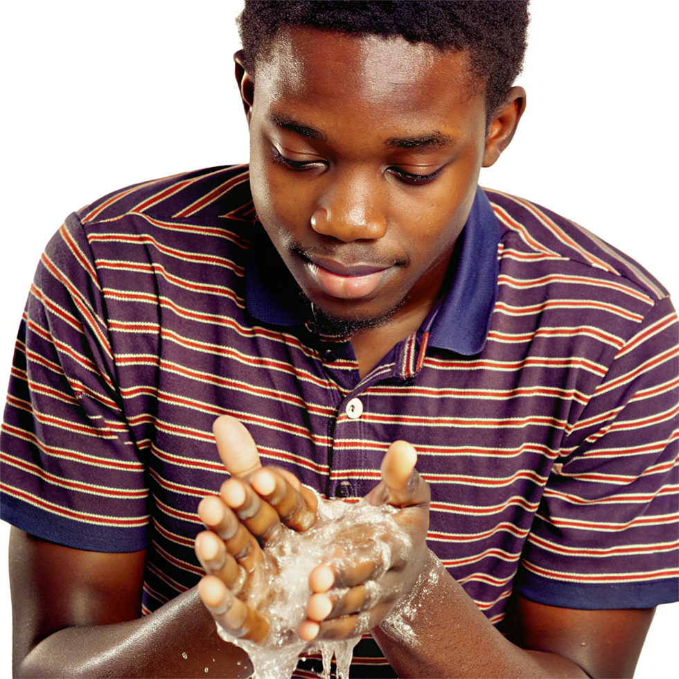 A young man carefully washes his hands with soap and water, demonstrating good hygiene practices png
