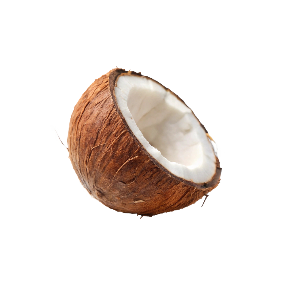 A HalfOpened Brown Coconut Shell with White Coconut Meat Visible Inside png