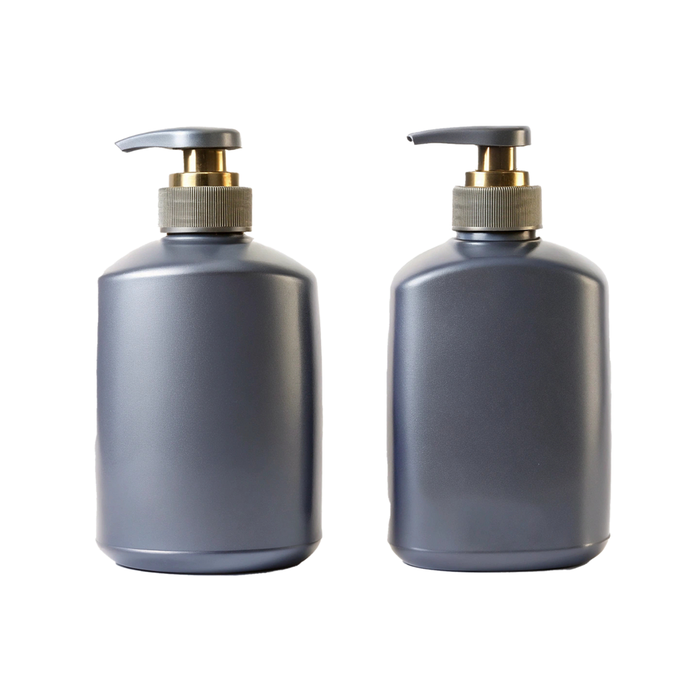 Two Gray Plastic Bottles with Gold Pumps for Soap Lotion Shampoo or Conditioner png