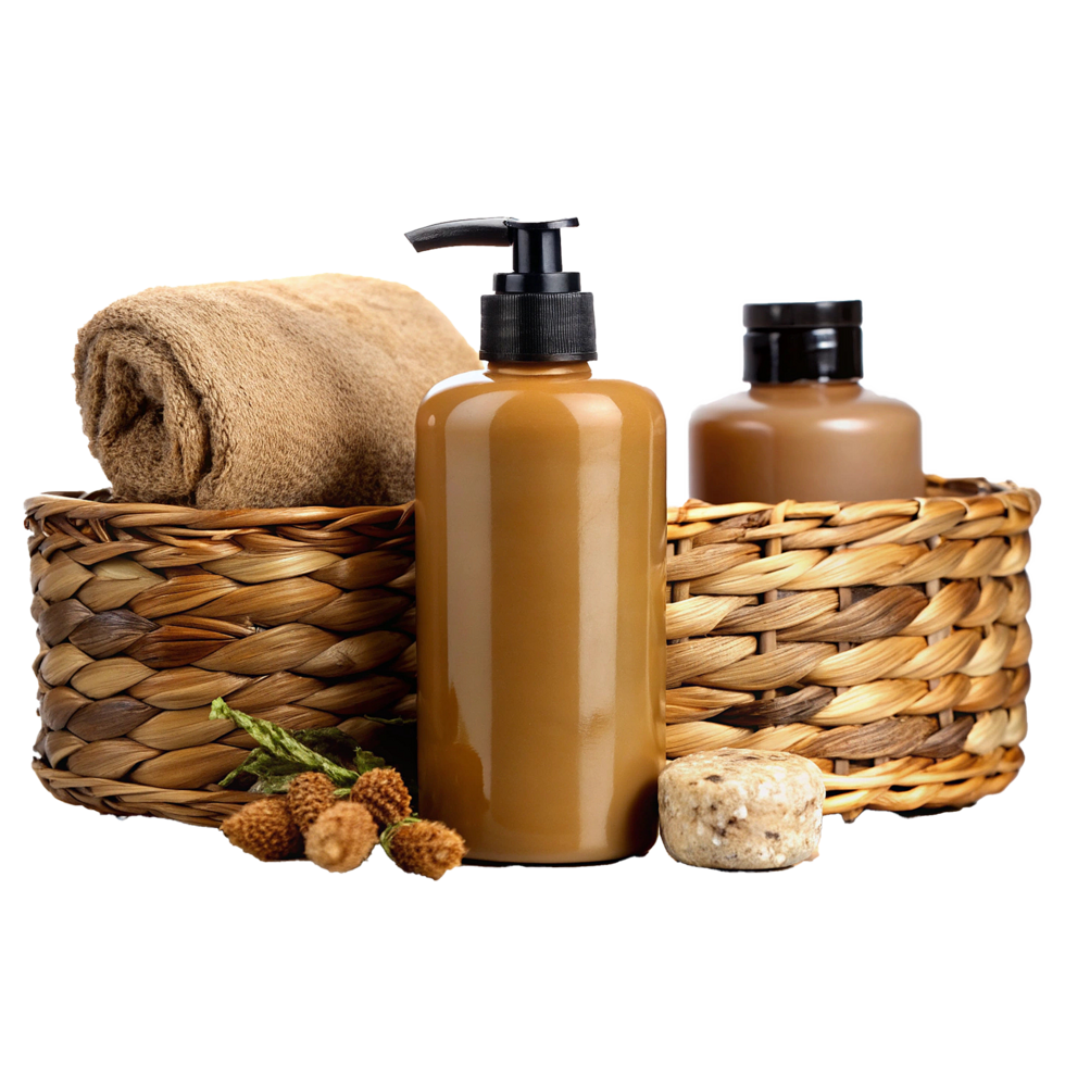 Luxury Spa Products in Wicker Baskets with Rolled Towel and Soap png