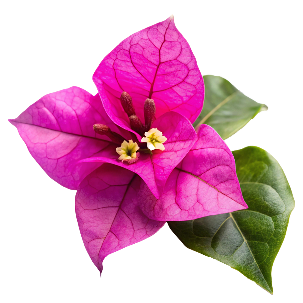 Vibrant Pink Bougainvillea Blossom with Lush Green Leaves Close Up Detailed Photography png