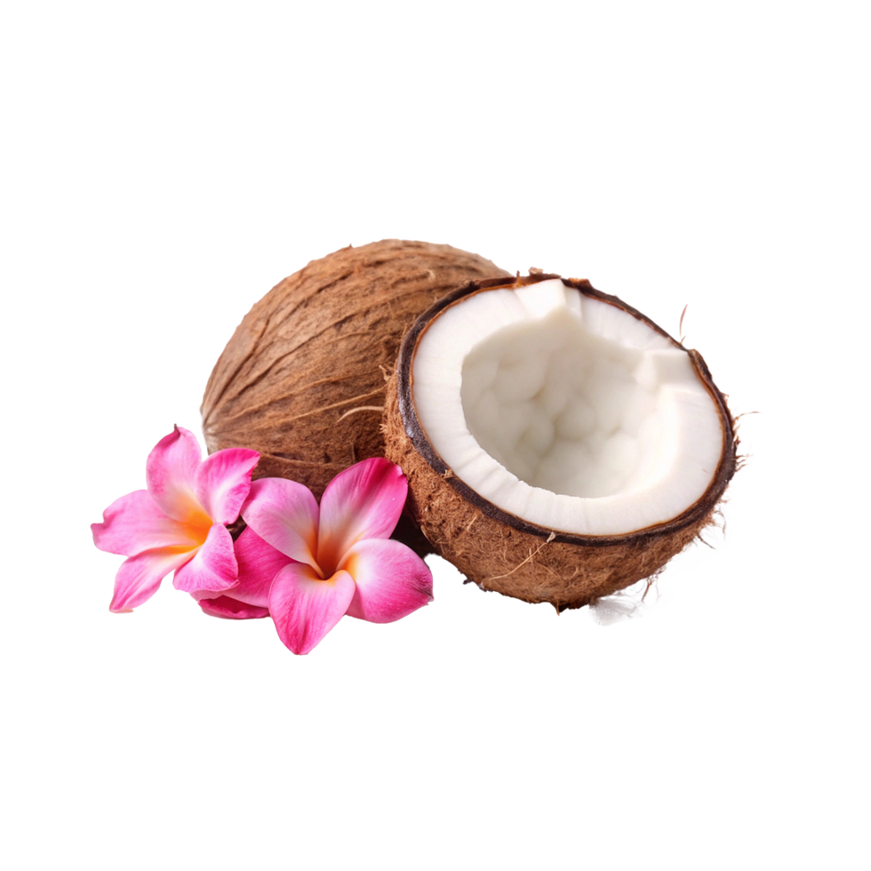 A split coconut with pink tropical flowers a refreshing summer image png