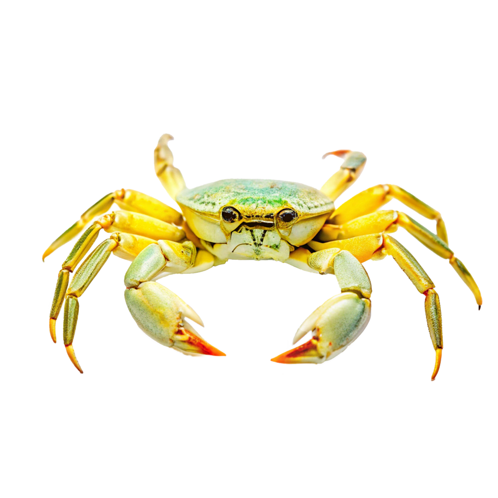 Closeup of a vibrant yellow and green crab with prominent claws png