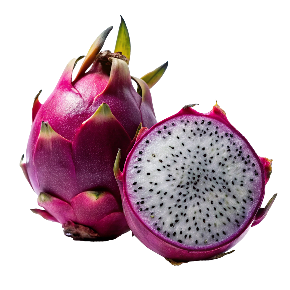 Closeup of a vibrant pink dragon fruit with a cross section revealing its white flesh and tiny black seeds png