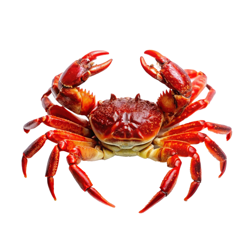 A vibrant red crab with large claws and ten legs, showcasing its detailed shell texture and intense color against a soft background png