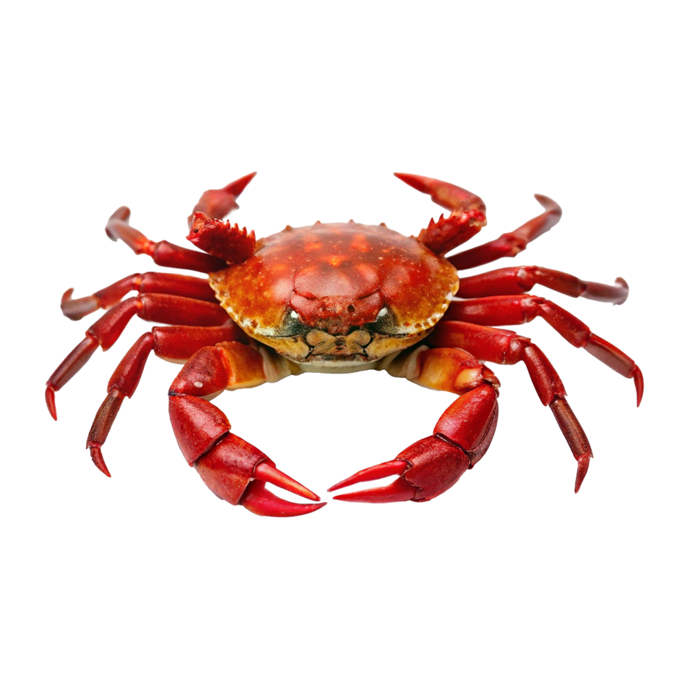 Closeup of a vibrant red crab showcasing its detailed shell and powerful claws png
