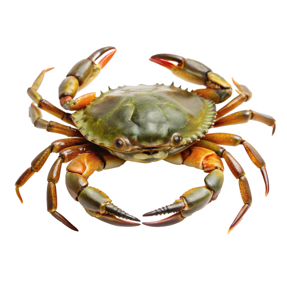 A Detailed Closeup of a Green and Orange Crab with Sharp Claws png