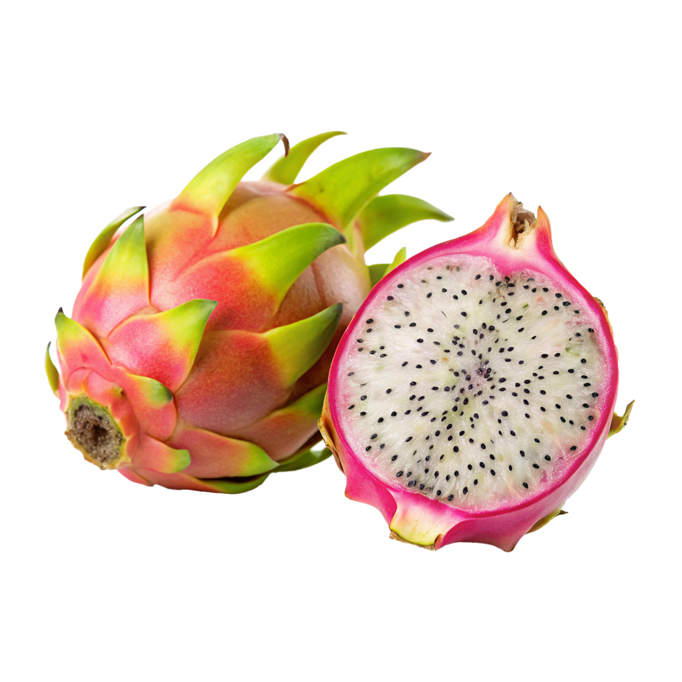 Closeup of a whole and halved dragon fruit showing vibrant pink skin and white flesh with tiny black seeds png