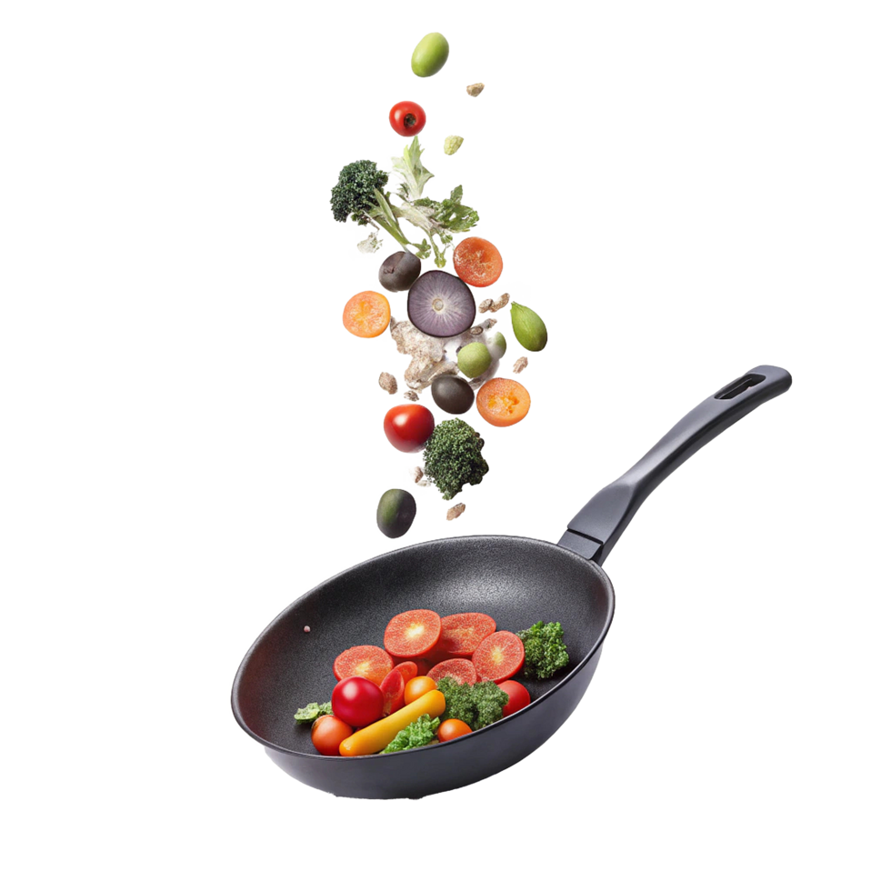 Delicious and Healthy Vegetable Stirfry in a NonStick Pan Fresh Ingredients Falling into the Pan png
