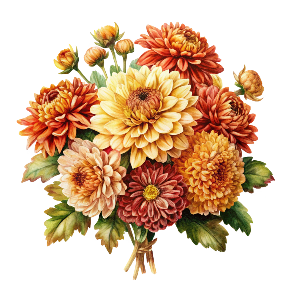 Autumnal Bouquet of Chrysanthemums Watercolor Painting of Fall Flowers png