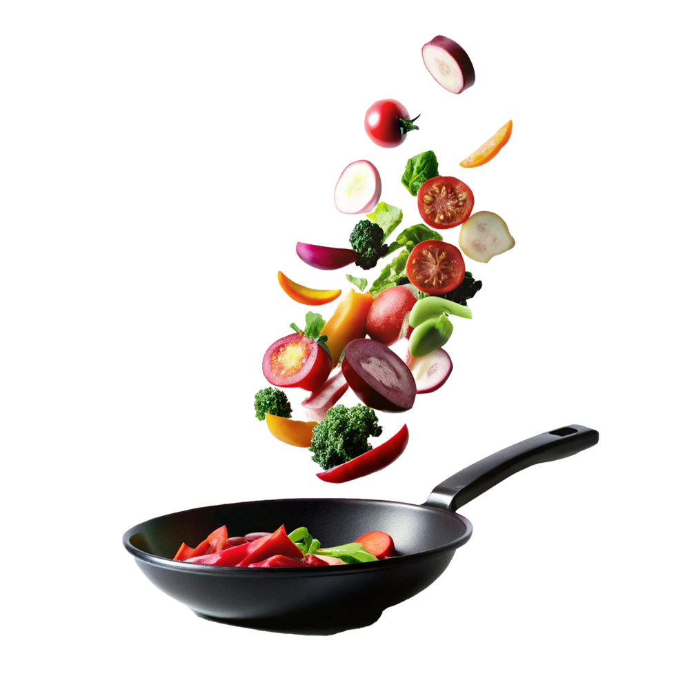Vibrant Vegetables Falling into a Black Frying Pan A Culinary Delight png