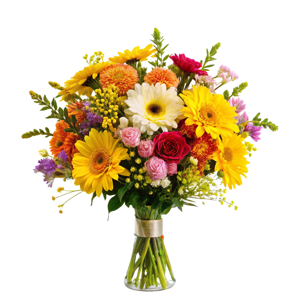 Vibrant and Colorful Summer Flower Bouquet in a Clear Vase png