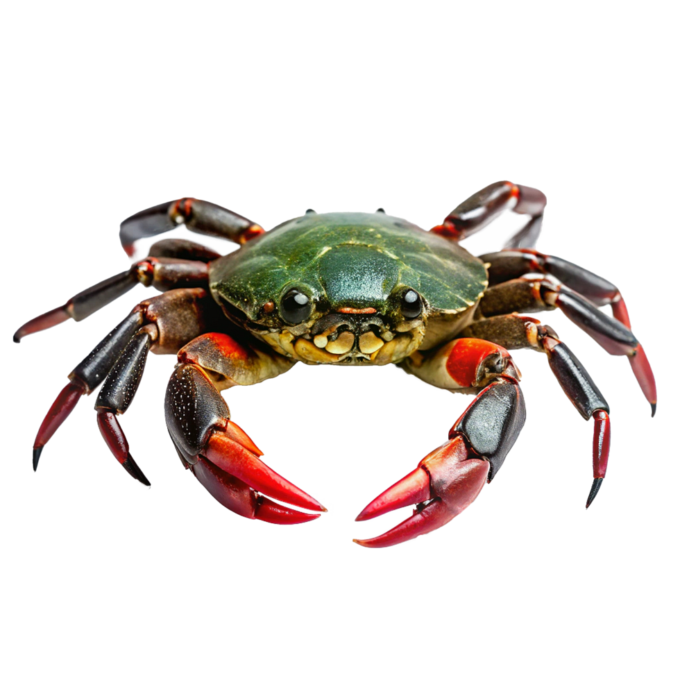 Closeup of a vibrant green and red crab with prominent claws png