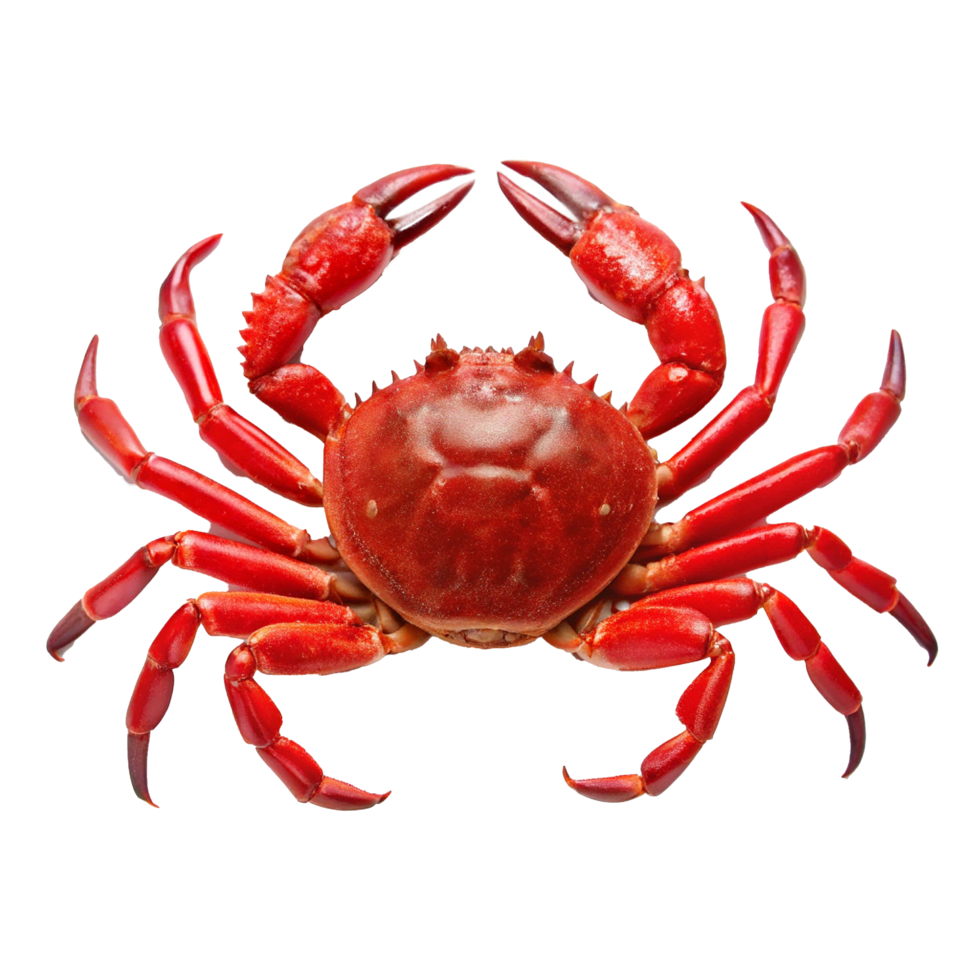 A vibrant red crab showcasing its ten legs and powerful claws, a delicious seafood delicacy png