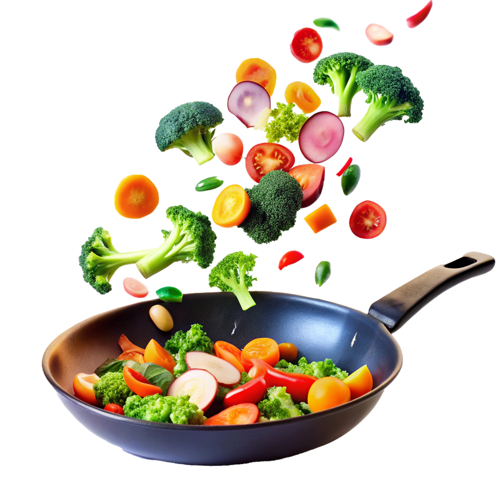 A vibrant mix of fresh vegetables being tossed into a hot pan for a delicious and healthy meal preparation png