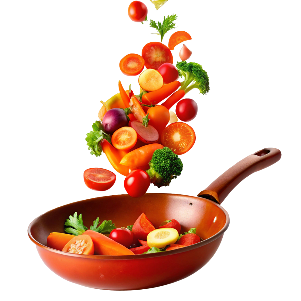 Vibrant Vegetables Falling into a Red Wok Pan for Delicious Cooking png