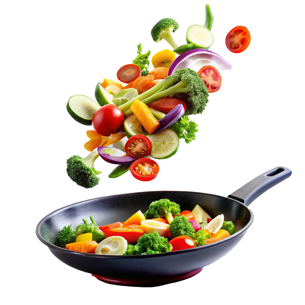 A vibrant mix of fresh vegetables tossed in a black frying pan, ready to be cooked into a delicious and healthy meal png