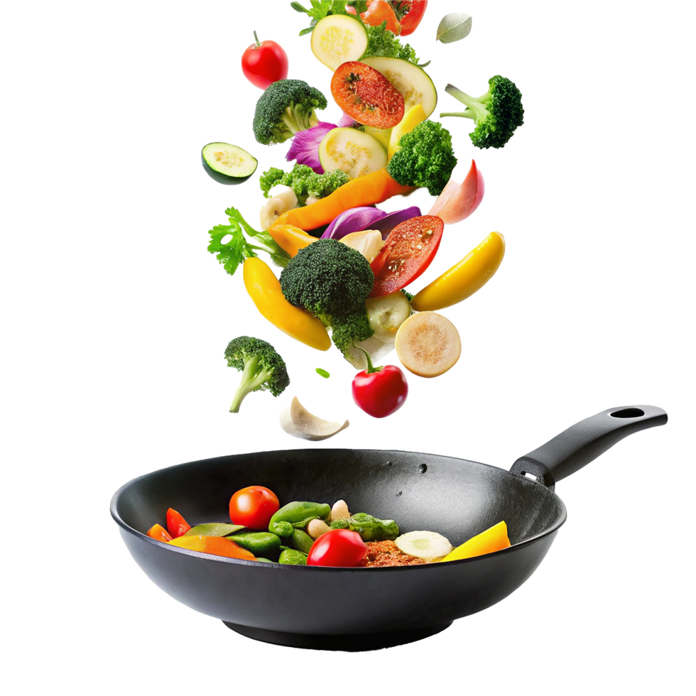 Vibrant Vegetables Falling into a Black Wok Pan for a Delicious and Healthy Meal png