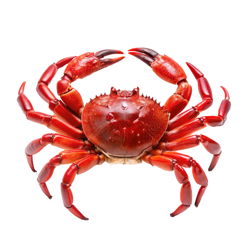 A vibrant red crab showcasing its detailed claws and shell against a clean white background png