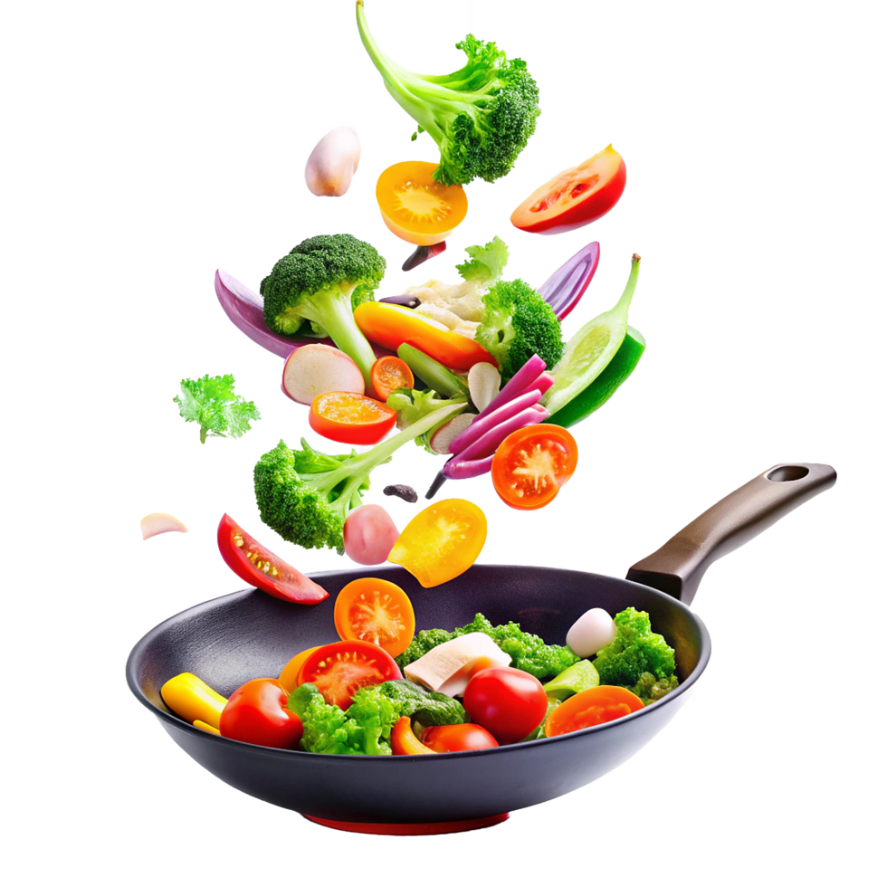 A vibrant mix of fresh vegetables tossed in a black wok for a healthy and delicious meal preparation png