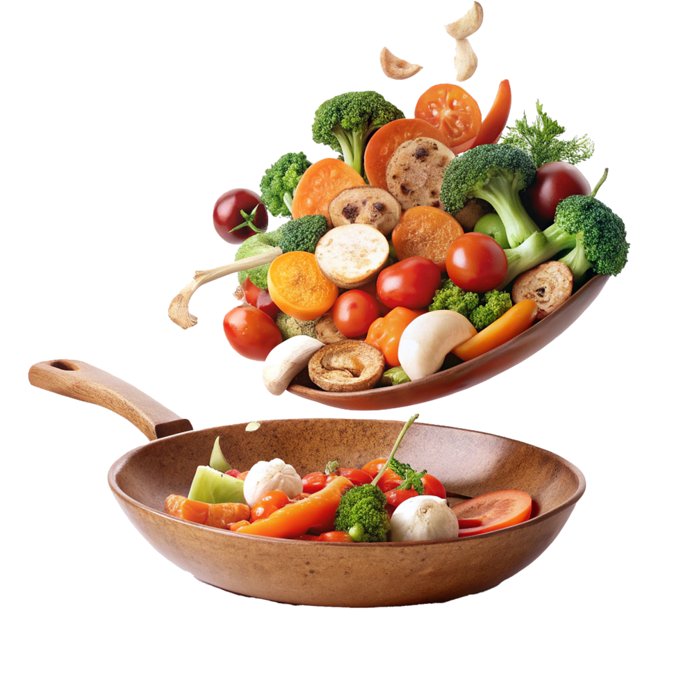 A vibrant mix of fresh vegetables being tossed into a wooden skillet for a healthy and delicious meal preparation png