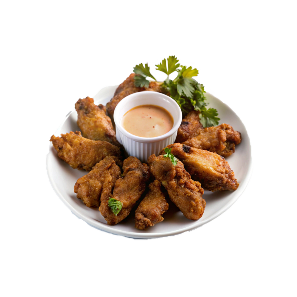 Crispy Fried Chicken Wings with Creamy Dipping Sauce and Fresh Cilantro Garnish png