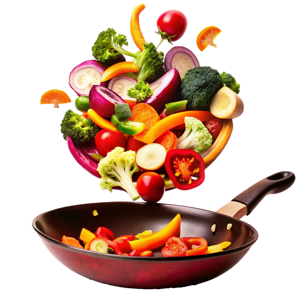 A vibrant mix of fresh vegetables being tossed into a dark red wok for a delicious and healthy meal preparation png