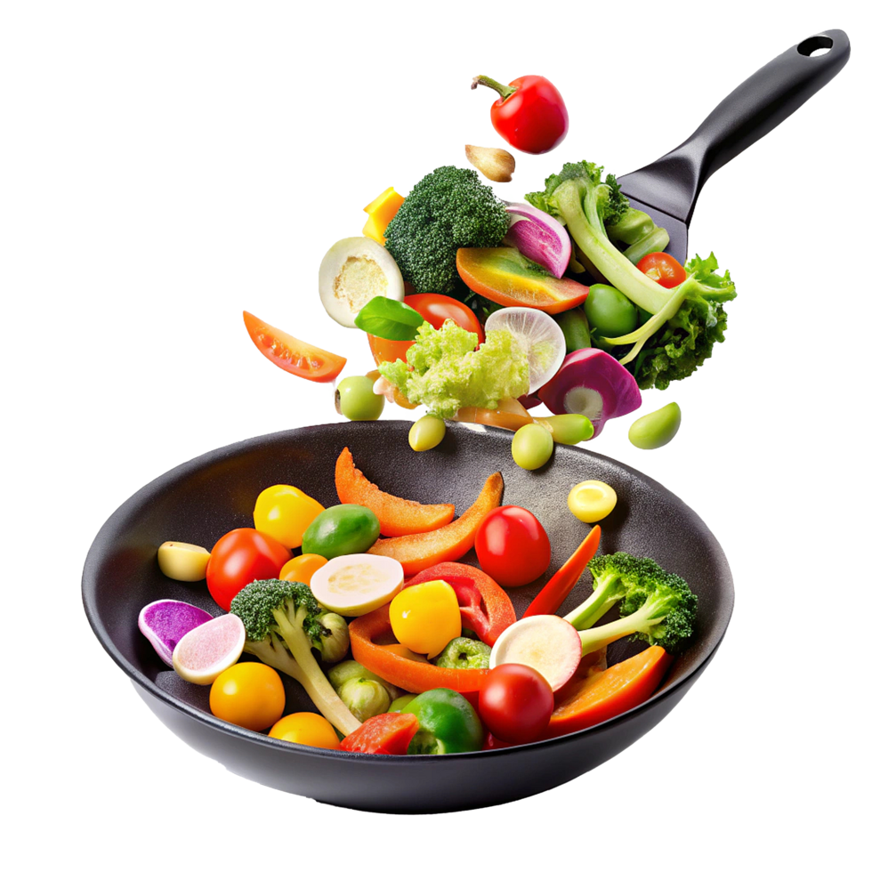 A Delicious and Colorful Wok of Fresh Vegetables Being Tossed High in the Air png