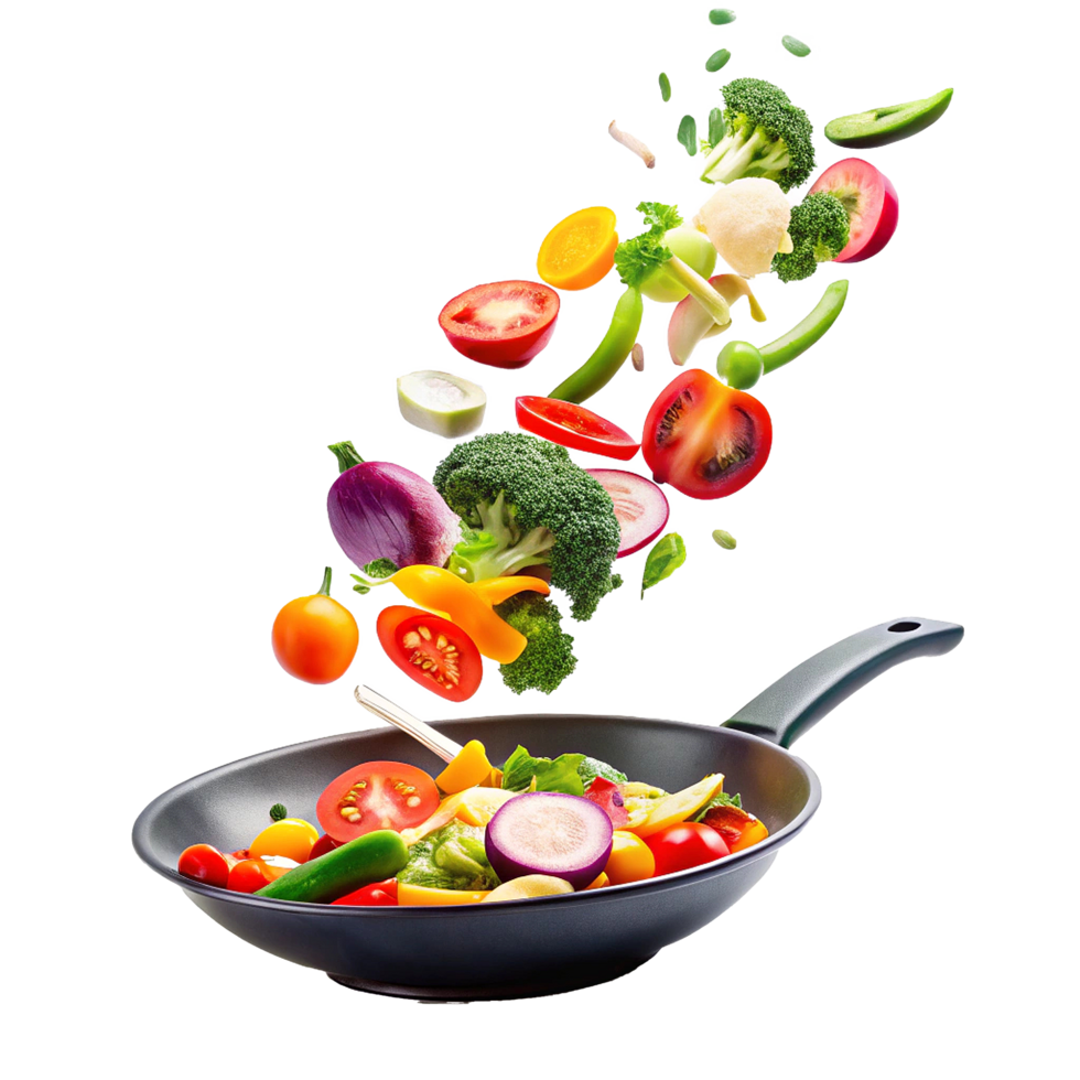 Vibrant Vegetables Flying into a Wok for a Delicious Stirfry png