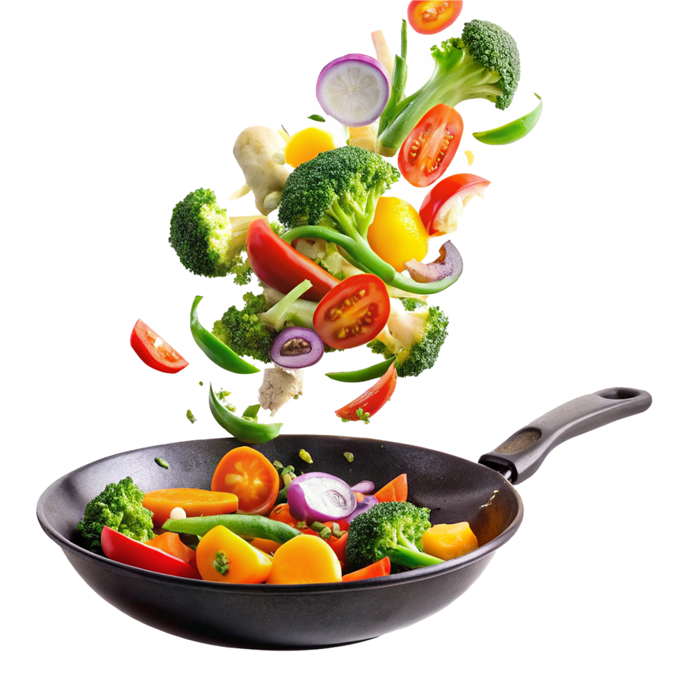 Delicious and Vibrant Vegetable Stir Fry in a Black Wok Pan png
