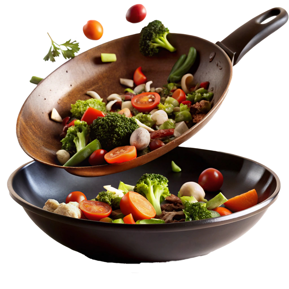 Delicious and healthy stirfried vegetables in a rustic copper pan and a modern wok png