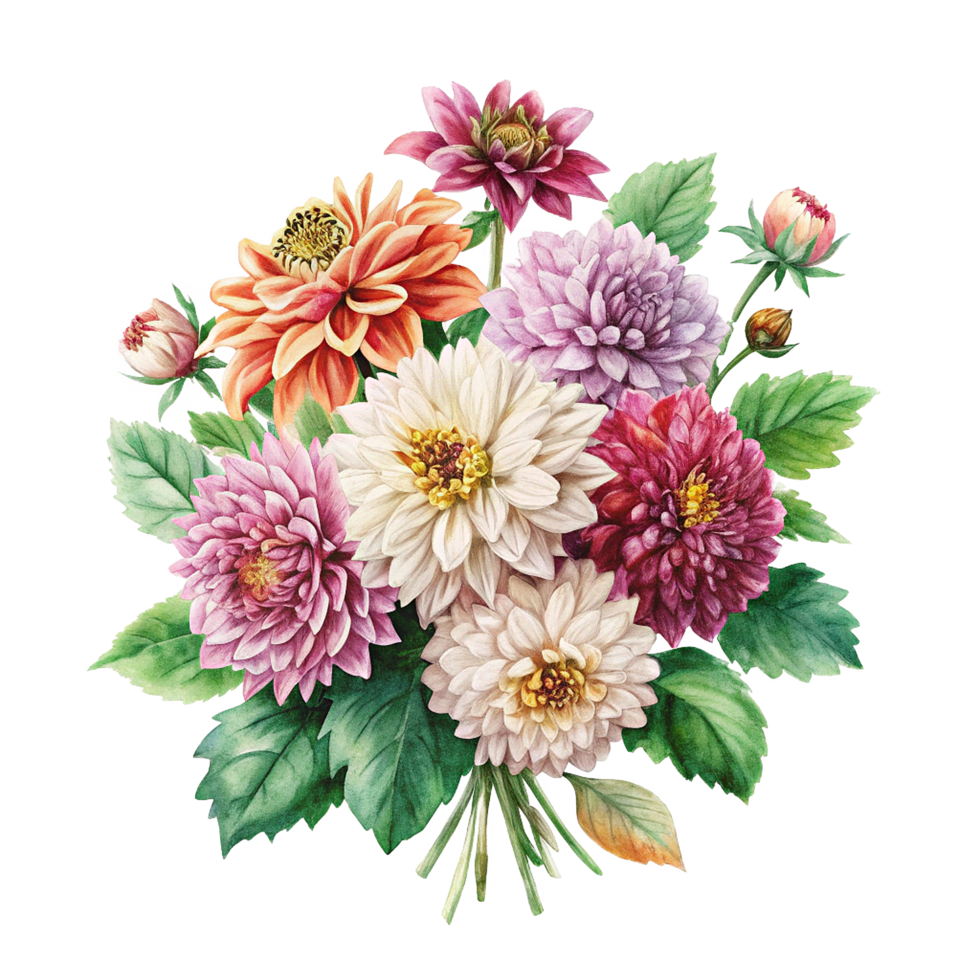 A Watercolor Painting of a Lush Bouquet of Dahlias in Vibrant Colors png