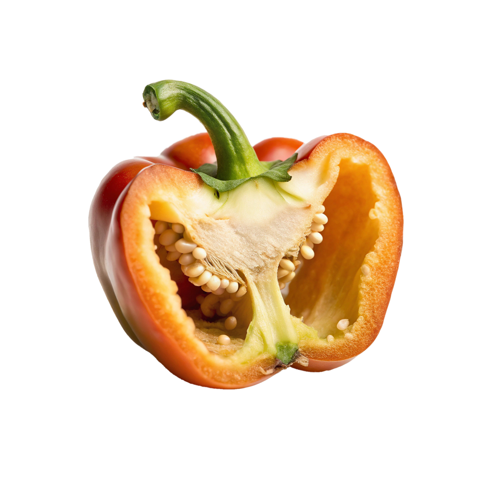 A perfectly halved red bell pepper showcasing its seeds and inner structure png