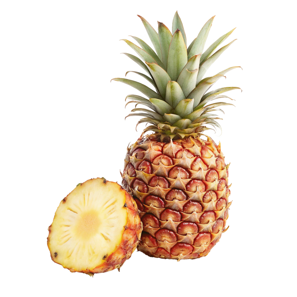 A whole pineapple and a cross section of a pineapple showcasing its vibrant yellow flesh and reddish brown exterior png