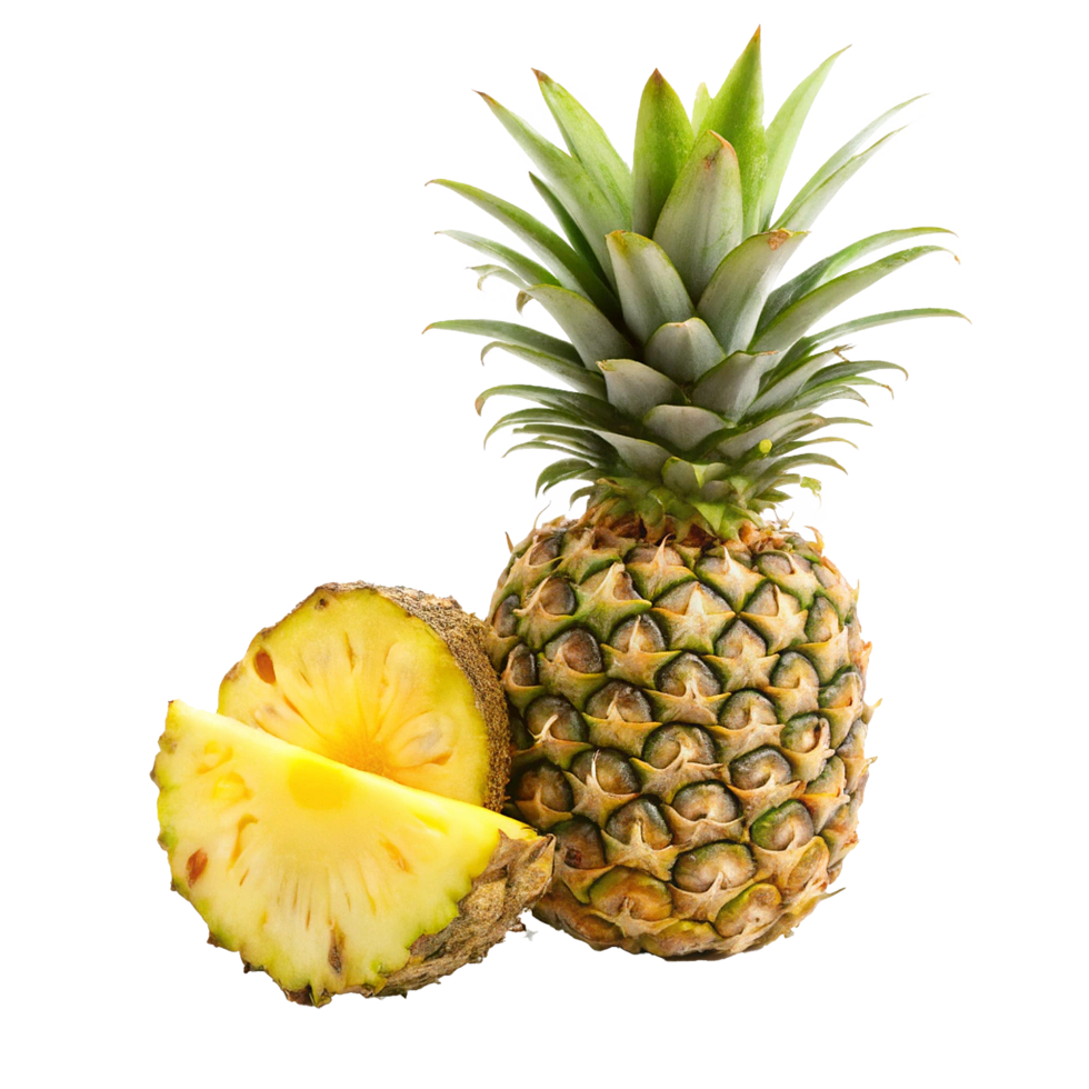 A whole pineapple and a sliced piece of pineapple on a white background tropical fruit delicious healthy vitamins png