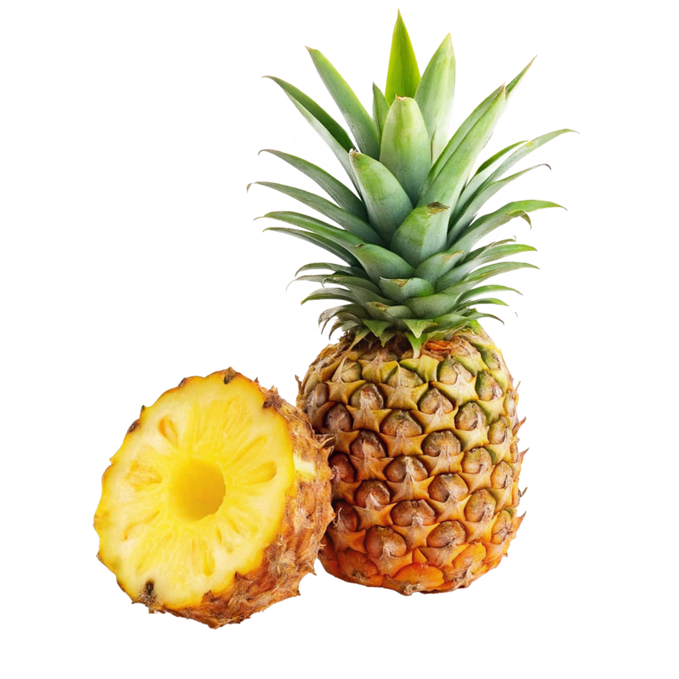 A whole pineapple and a sliced piece of pineapple on a white background png
