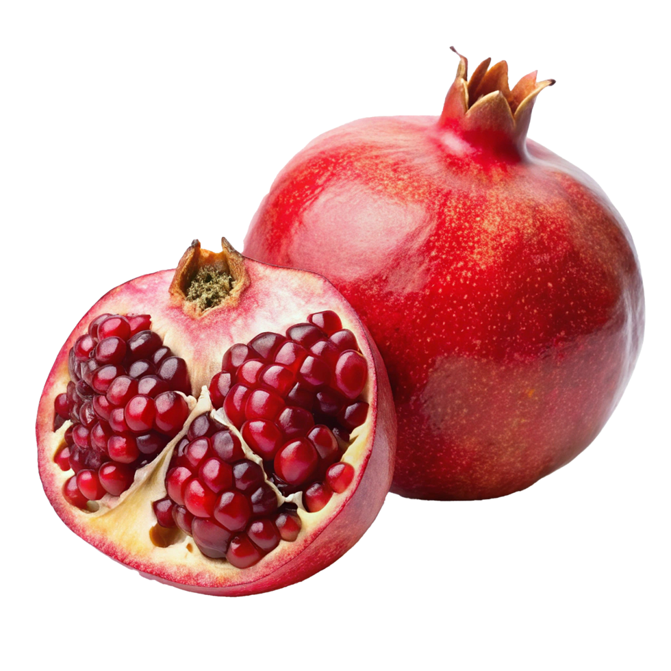 A Juicy Pomegranate Cut Open Showing Seeds and A Whole Pomegranate Beside It png