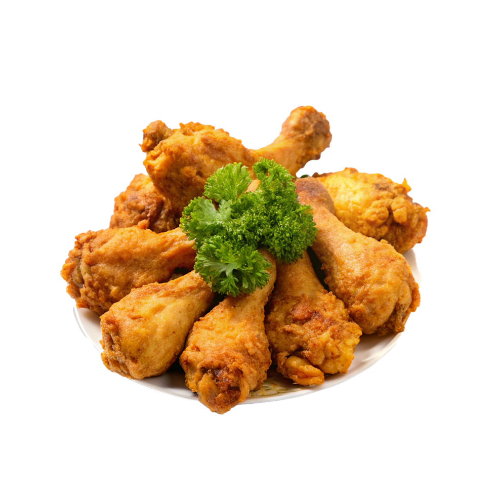 A Plate of Delicious Crispy Fried Chicken Drumsticks with Fresh Parsley Garnish png