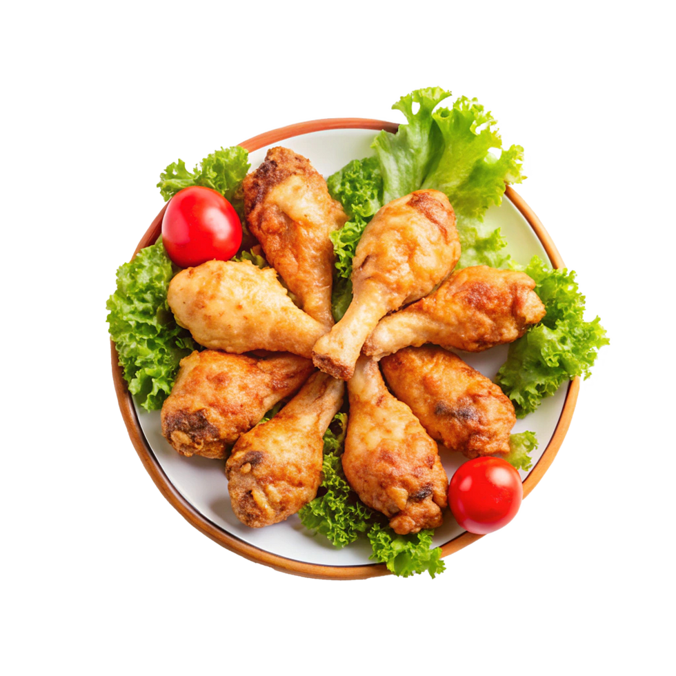 Delicious Fried Chicken Drumsticks with Fresh Lettuce and Tomatoes png