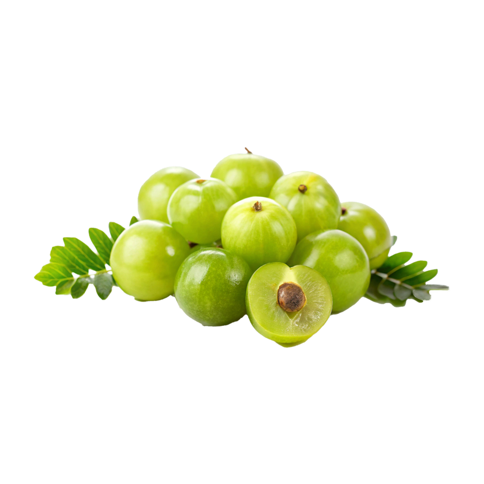 A Closeup of Fresh Green Amla Fruits with Leaves png