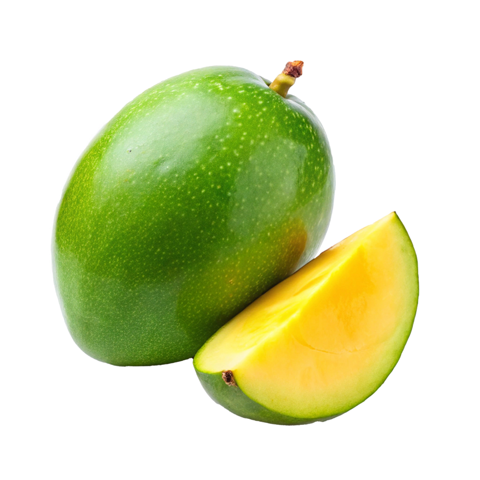 A whole green mango and a slice of ripe yellow mango on a white background png